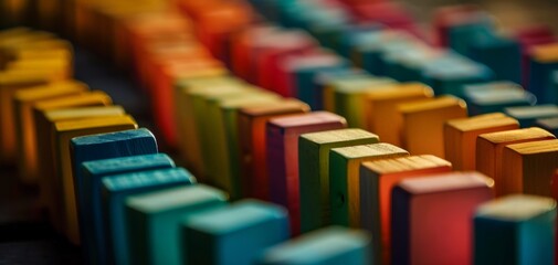 Close-up of domino effect, front view, cascading sequence, techbology tone 