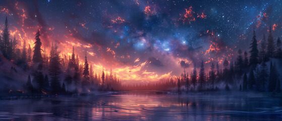 forest with trees on the shore of an icy lake under a sky ablaze with celestial phenomena