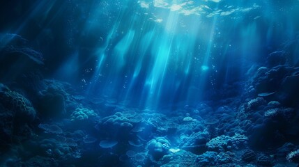 Fototapeta premium Underwater Sea - Deep Abyss With Blue Sun light