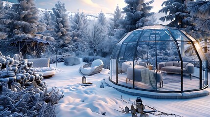 winter garden with a heated glass igloo, surrounded by snow-covered pines and equipped with comfortable seating and warm blankets for enjoying the snowy landscape
