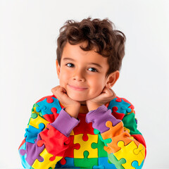 criança feliz com as nãos no rosto com roupa do orgulho autista