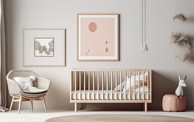 A nursery room with a white crib, a rocking chair, and a stuffed rabbit