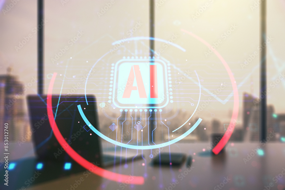Leinwandbilder double exposure of creative artificial intelligence abbreviation and modern desk with computer on ba