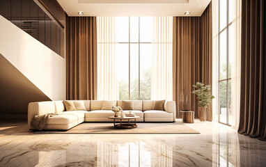 A living room with a white wall and a brown wall.