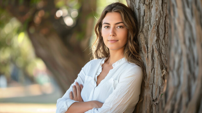 A woman leaning against a tree, with her arms crossed and a serene expression. , an ordinary average woman poses beautifully for a photo