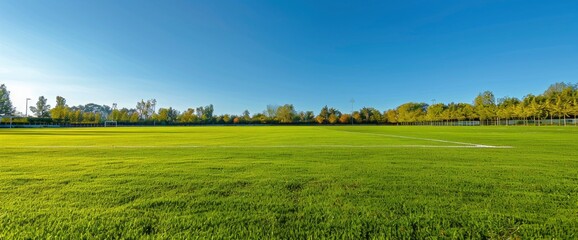 Fototapeta premium A Football Field With Vibrant Green Grass, Framed By Clear Blue Skies, Evoking A Sense Of Tranquility And Openness