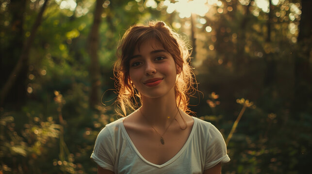 A woman standing in a forest, with dappled sunlight on her face and a serene smile. , an ordinary average woman poses beautifully for a photo