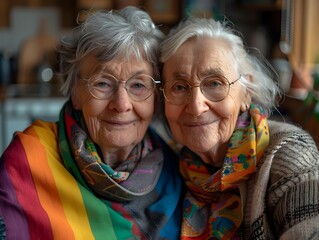 Joyful LGBTQ Elders Celebrating Pride-Themed Breakfast in Vibrant Kitchen