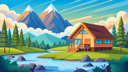In summer, a wooden house with a snowy mountain backdrop and a river in front