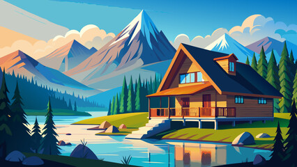 In summer, a wooden house with a snowy mountain backdrop and a river in front