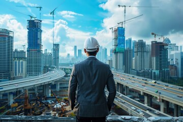 Engineer overseeing city construction site with cranes, buildings, and highways. Urban development...