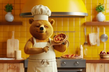 A cartoon bear wearing an apron and a chef hat is holding a pizza