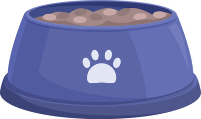 Blue dog bowl is full of dry food, ready for a hungry pet