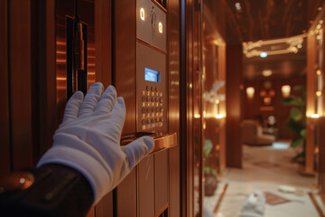 Close-up of a gloved hand opening a sleek door with keypad access