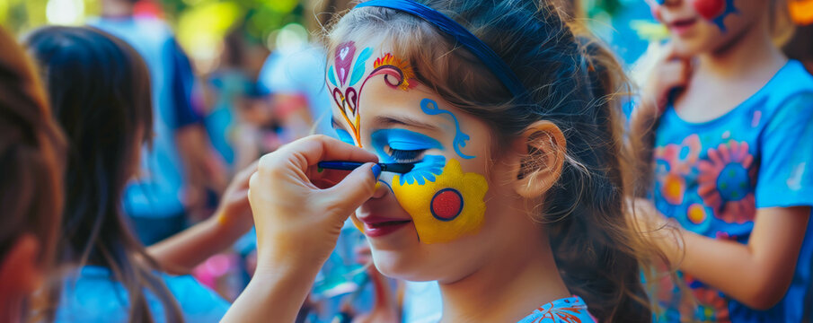 Children having fun with face painting at a festive event