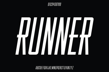 Modern tall sans serif alphabet display font vector. Runner sports typeface