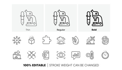 Seo devices, Time and Celsius thermometer line icons. Pack of Discrimination, Analytical chat, Fingerprint icon. Qr code, Sunset, Eye detect pictogram. Medical phone, Squad, Puzzle. Line icons. Vector