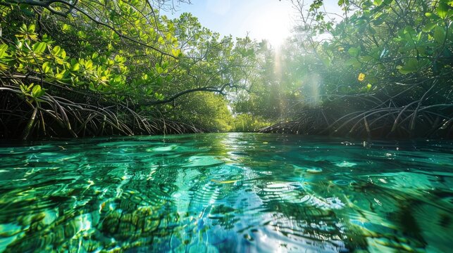 On a stunning sunlit day the mangrove forest shimmers alongside crystal clear waters