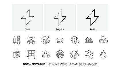 Square area, Biotin vitamin and Vaccine announcement line icons. Pack of Hydroelectricity, Scissors, Medical drugs icon. Coronavirus, Investment graph, Swipe up pictogram. Thermometer. Vector