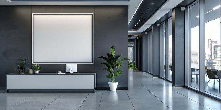 Corporate Brand Logo Displayed on White Blank Frame Mockup with Modern Business Office Reception Background, Featuring Banner with Copy Space, Corporate Culture Signage, Office, Premium Work Environme