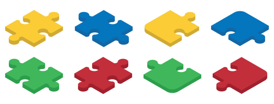 Set of Isometric puzzle pieces. Concept of teamwork, communication, problem or challenge solution. Vector illustration.