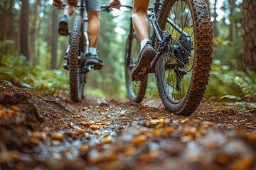 Close-up of cyclists legs pedaling on a forest trail