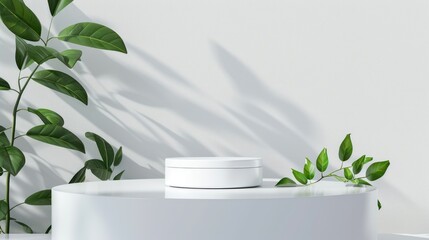 White Product Display with Green Leaves