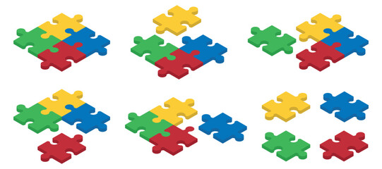 Set of Isometric puzzle pieces. Concept of teamwork, communication, problem or challenge solution. Vector illustration.
