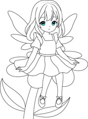 Cute kawaii fairy sitting on a flower isolated on white background outline coloring page for kids