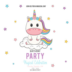 Birthday party invitation template with a magical unicorn and stars. Vector illustration