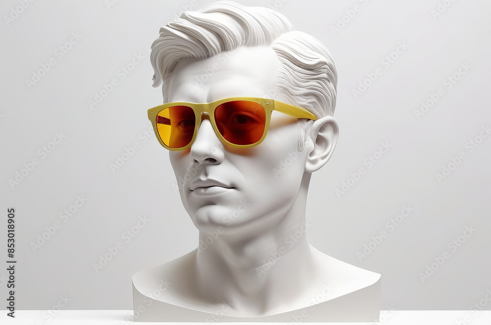 Poster yellow sunglasses on sculpture bust of man over white background