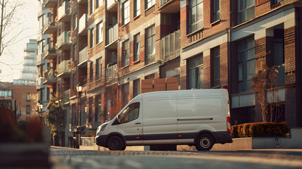 Obraz premium A delivery van parked in front of a high-rise apartment complex unloading packages.