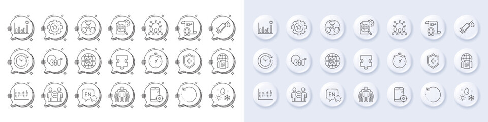 Squad, Recovery data and Time change line icons. White pin 3d buttons, chat bubbles icons. Pack of Puzzle, Group, Internet documents icon. Timer, Seo stats, Column diagram pictogram. Vector