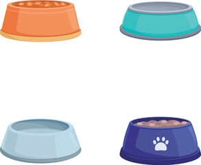 Collection of empty and full pet food bowls isolated on white background