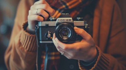 A close up of photographer holding an antique camera, ready to capture a moment, with a vintage backdrop