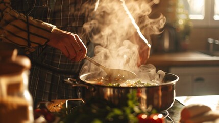 Close up of a person stirring a pot of soup in a rustic kitchen, with steam rising and ingredients like herbs and vegetables on the counter