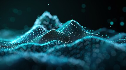 3D data mountain range, vertical rectangles and lines, particle distribution, light blue, light green, white tones, bright rays, big data presentation, futuristic art style, high-tech essence