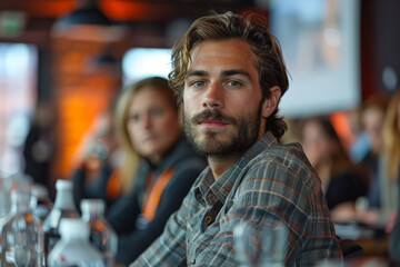 Entrepreneurs pitching ideas at restaurant table