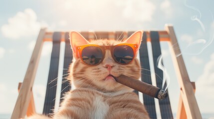An orange cat wearing sunglasses and smoking a cigar, lounging on a beach chair by the sea, with a surreal sunset and humorous elements, capturing a stylish and confident vibe