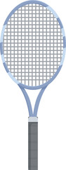Tennis racket is standing up, showing its strings and grip tape
