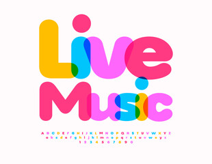 Vector colorful Flyer Live Music. Modern Bright Font. Creative Alphabet Letter and Numbers set.