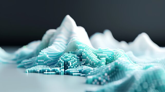 Big data mountain range, visualized in a futuristic style, vertical lines, rectangles, particle distribution, light blue, light green, white, 3D art, technology infused, bright and vibrant
