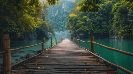 wooden bridge over the river with lush green trees