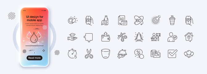 Leaf, Restaurant food and Accounting report line icons for web app. Phone mockup gradient screen. Pack of Christmas tree, Ice creams, Waterproof pictogram icons. Vector