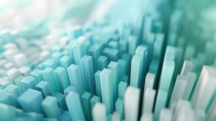 Fototapeta premium Data visualization mountain range, vertical lines and rectangles, particle distribution, light blue, light green, white colors, bright rays, 3D futuristic art, big data presentation, tech-centric