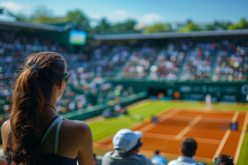 A young woman with sunglasses watches a tennis match from the stands, capturing the excitement of the live sports event.