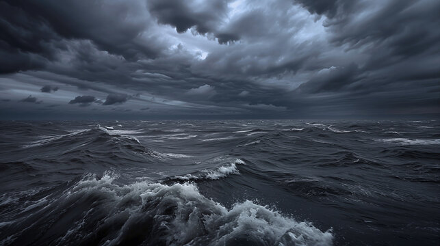 Une mer agit&eacute;e sous un ciel sombre et charg&eacute;.
