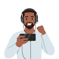 Young bearded man play mobile game on smartphone. Flat vector illustration isolated on white background