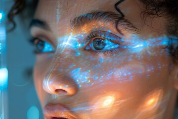 Womans face illuminated with blue and white lights