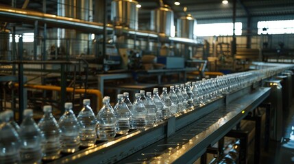 Fototapeta premium Water Bottling Line in Modern Beverage Factory. Industrial production line